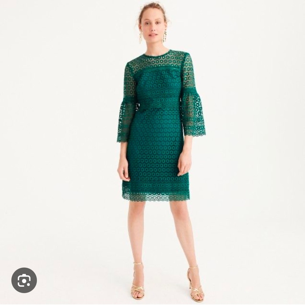 J. Crew Dress Bell Sleeve Daisy Eyelet Lace Crochet Holiday Emerald Green 12 - Picture 2 of 12